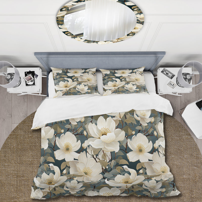 Ensemble de housse de couette fleurs blanches et vertes, Housse de couette pour grand lit et 2 taies décor