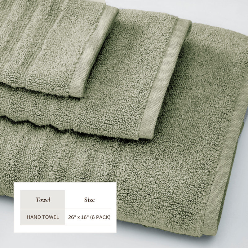 100% Zero-Twist Cotton Ribbed Bath Towels , Hand Towels - 6 Pack, Eucalyptus