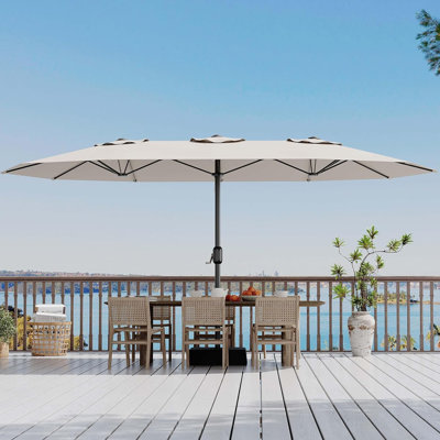 Parasol de patio à double face 15 pi avec base - Grand parasol de marché rectangulaire extérieur - Auvent en polyester imperméable résistant aux rayons UV et à la décoloration - Facile à manivelle - Parasol pour piscine, jardin, cour
