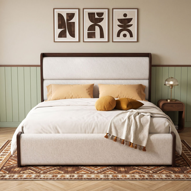 Lit plateforme en bois avec tête de lit tapissier bouclée, Très grand lit, Brun