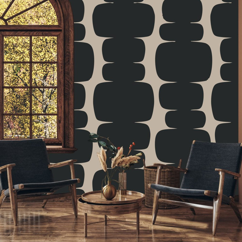 Papier peint géométrique abstrait noir et beige avec motif de blocs organiques empilés
