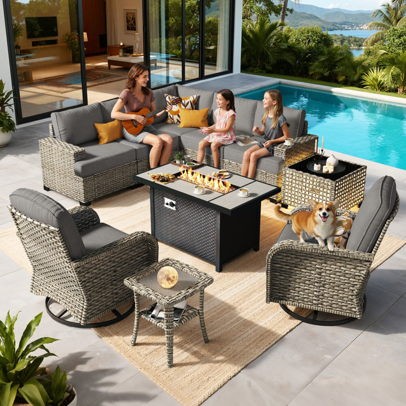 7- Person Outdoor Wicker Patio Conversation Furniture Set With Fire Pit Table, Dark Gray