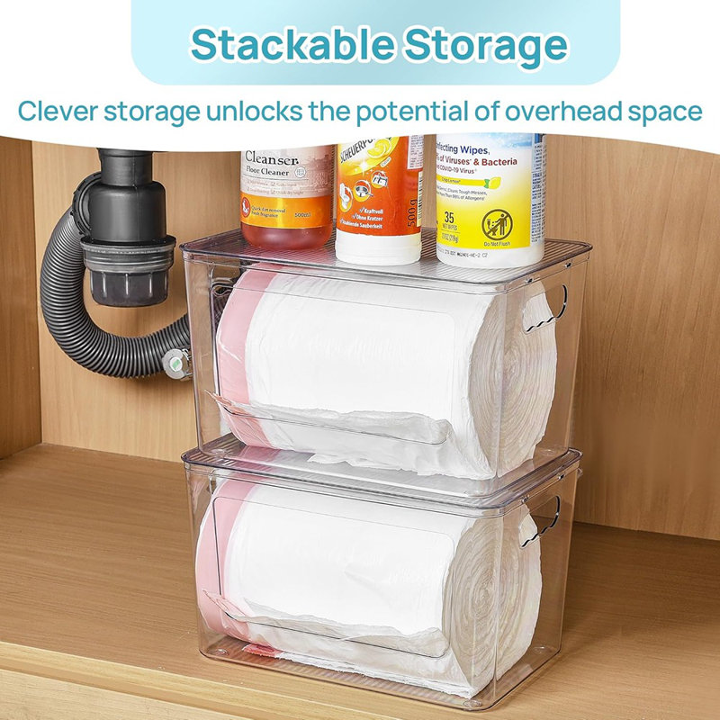 Ensemble de 2 distributeurs de sacs à ordures empilables - Bacs de rangement transparents pour le rangement sous l'évier, la cuisine et la salle de lavage