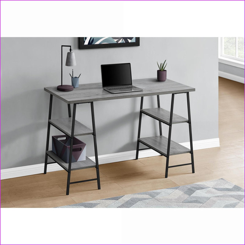 Computer Desk - Industrial Modern 48” L with Storage Shelves, Grey Laminate &amp; Black Metal | Grey | Metal, Gray, Black
