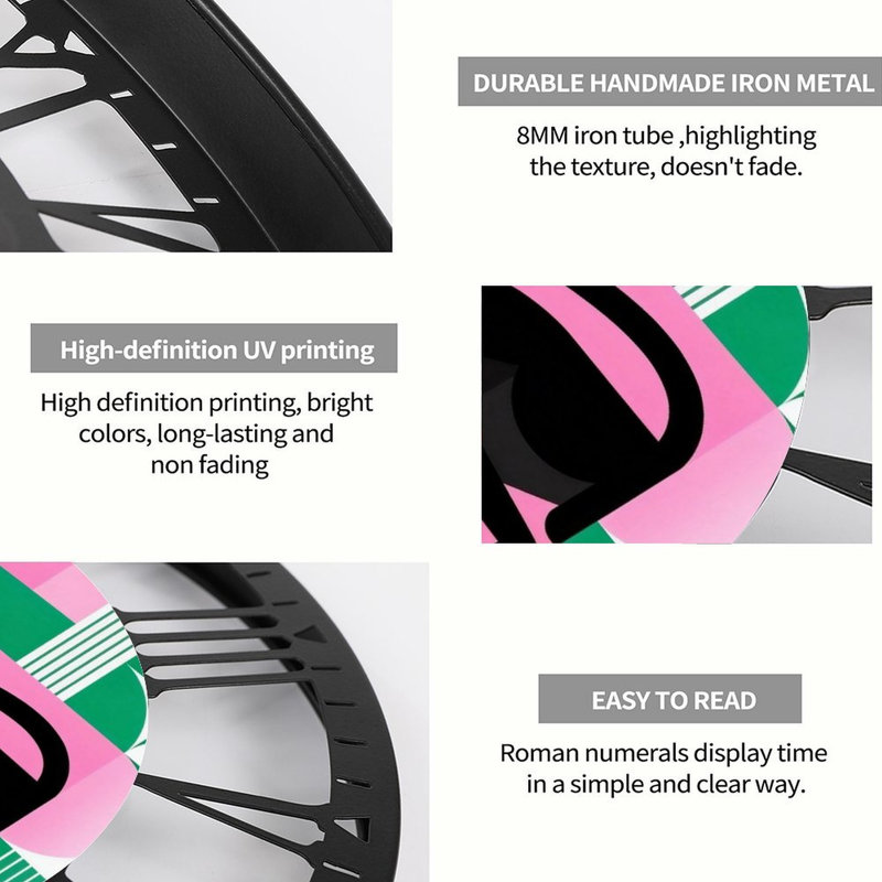 Horloge murale ronde en fer 10 po avec mouvement à quartz silencieux, chiffres romains, impression UV, Rose