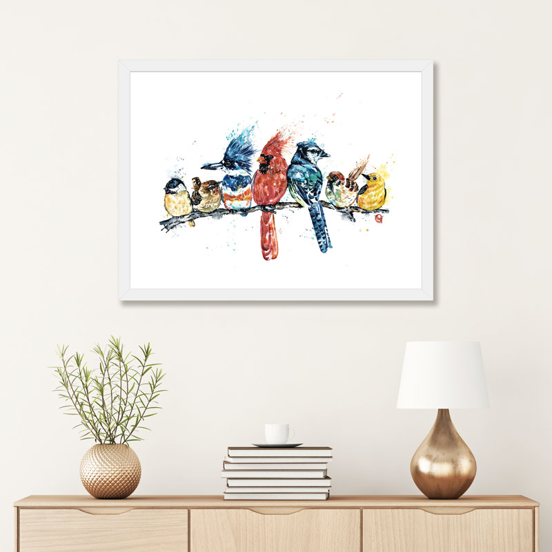 «Birds on a Branch» par Lisa Whitehouse - impression d'art graphique, Blanc, H 24 po x l 32 po x P 1 po, Papier encadré blanc