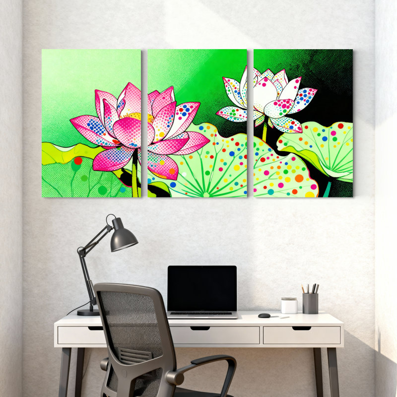Ensemble de 3 tableaux muraux pop art Fleur de lotus, H 36 po x l 72 po