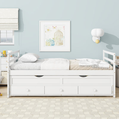Twin Size Bed With Headboard, Footboard, Trundle And Three Storage Drawers, Twin Size Pine Wood Bed With Headboard, Footboard