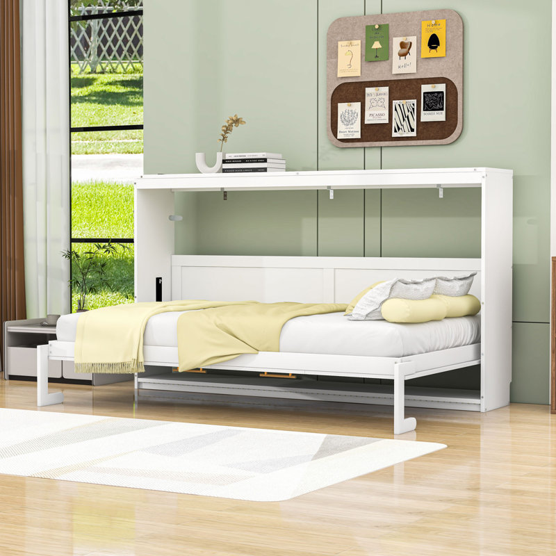 Lit escamotable en bois avec imprimé tendance, éclairage DEL et charge USB, Lit simple, Blanc