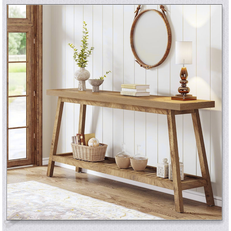 Console de style campagnard extra long de 70,9 po, table d'entrée en bois massif avec rangement ouvert à 2 niveaux, canapé rustique étroit pour le couloir et le salon (sans miroir inclus)