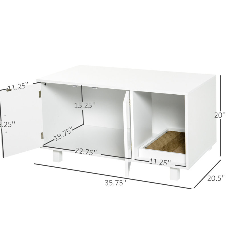 Bac à litière en bois blanc avec portes magnétiques pour chat et table de bout