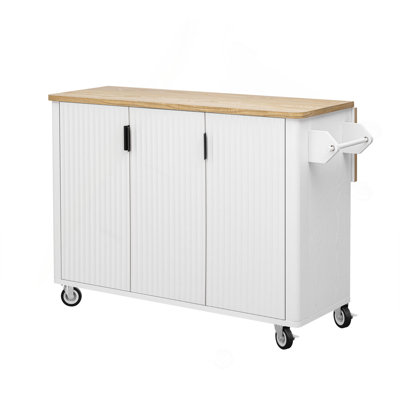 51" Fluted Kitchen Island With Drop Leaf, Farmhouse Accent Kitchen Island On Wheels With Internal Storage Rack, Rolling Kitchen Cart With Towel Rack For Kitchen, Dining Room
