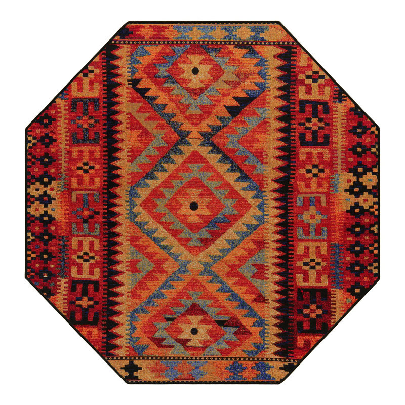 Lidio Southwestern Machine Made Power Loom Polypropylene Indoor / Outdoor Area Rug in Red/Yellow/Blue, Octagon 7'1" x 7'1"