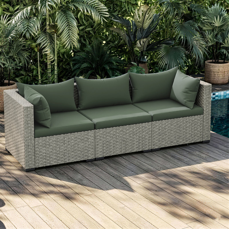 Ensemble de canapé de patio 3 pièces en osier avec coussins, Vert