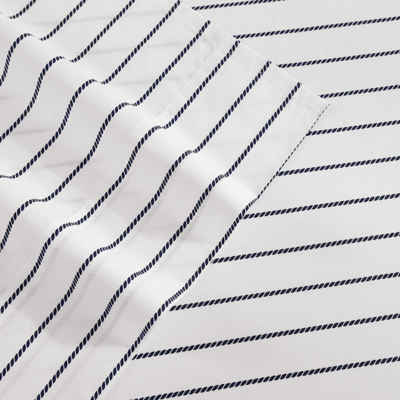 Tommy Hilfiger Printed Percale Cotton Sheet Set, Queen Sheet Set with 2 Pillowcases, White Striped