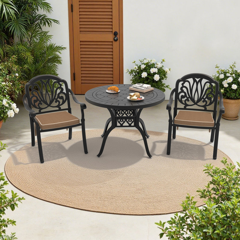 Ensemble de salle à manger d'extérieur 3 pièces, table ronde de 100 cm et 2 chaises empilables avec coussins bruns