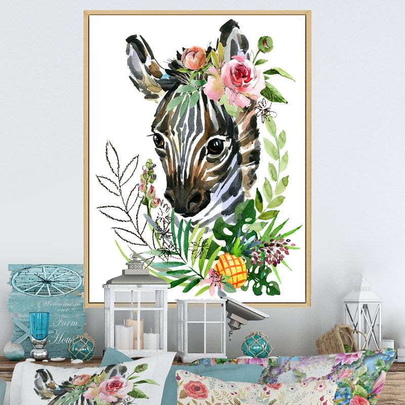 Mignon portrait de zèbre - Peinture sur toile, H 32 po x l 16 po, Cadre naturel flottant