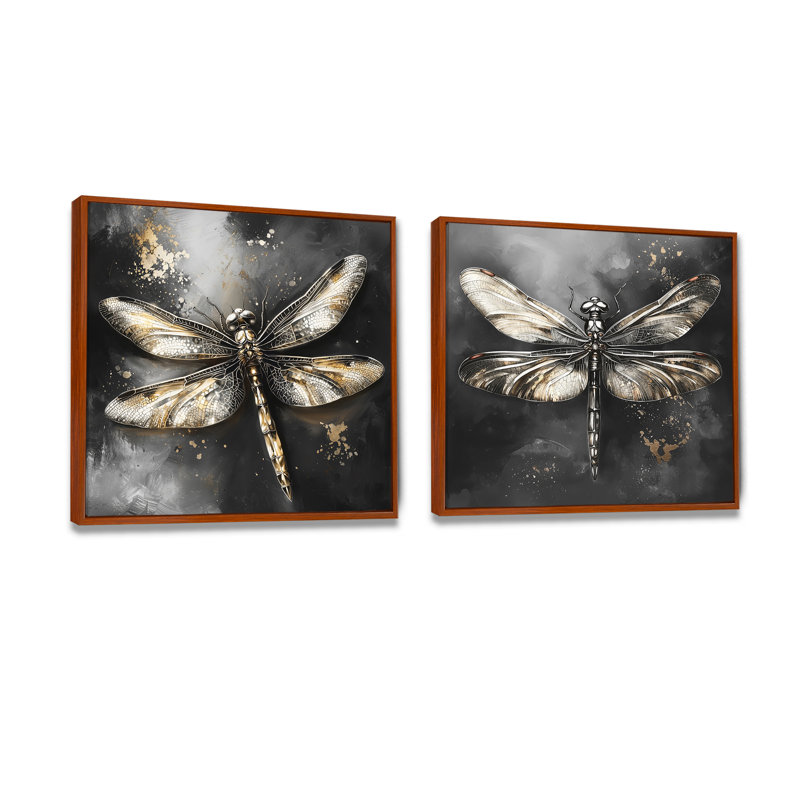 «Black and Gold Dragonfly Midnight Mirage I», art mural libellule, art mural moderne pour le salon, 2 pièces, Brun