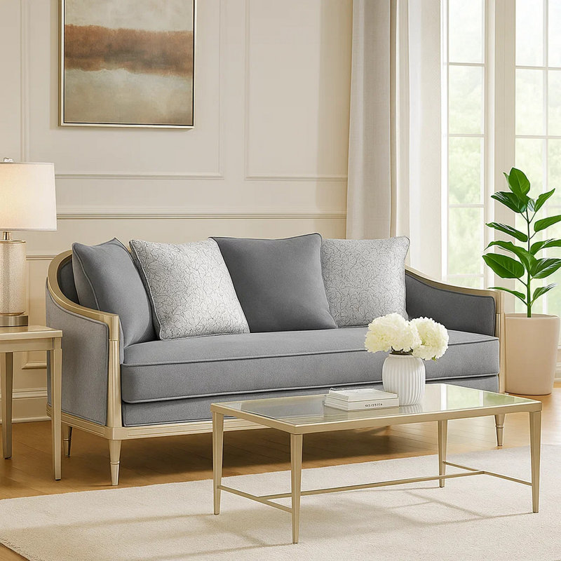 Causeuse Fero avec 4 coussins, chenille grise, bordure en bois champagne, 71 po