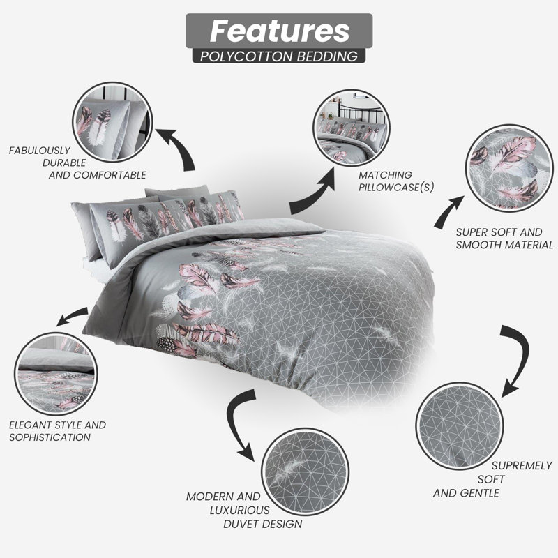 Modern Feather Design Duvet Cover Set with Matching Pillowcases - Polycotton Fabric Bedding, Single, Grey