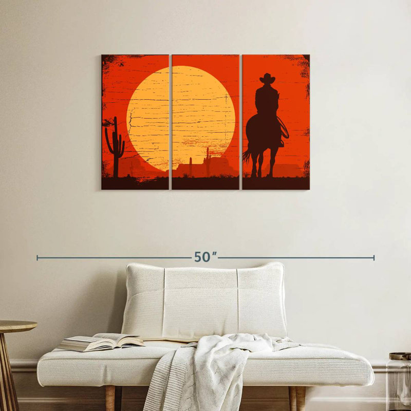 Silhouette de cowboy au coucher du soleil, H 24 po x l 38 po