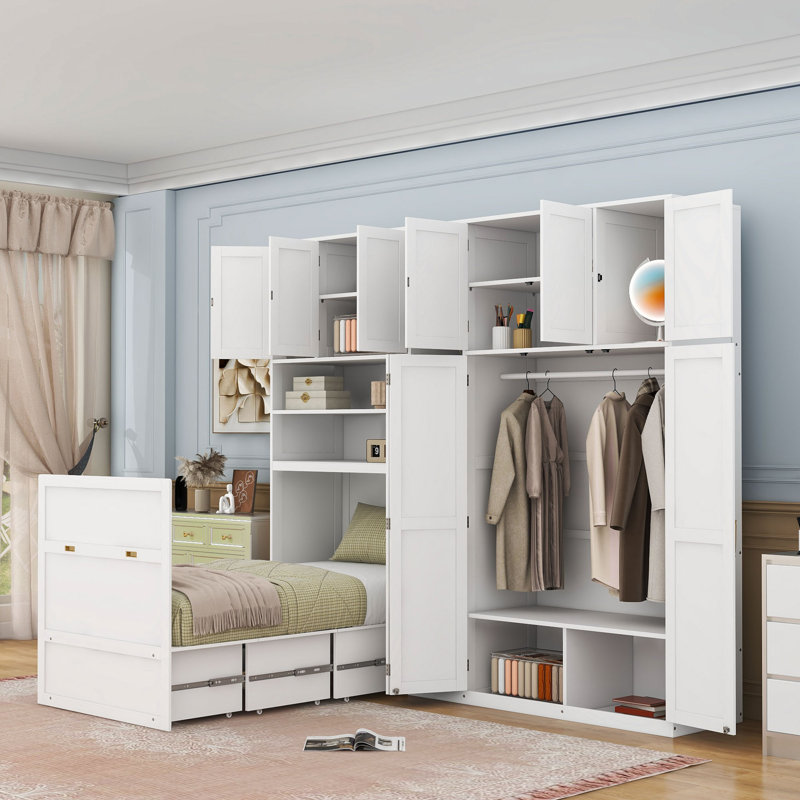 Lit escamotable simple avec garde-robe intégrée et tablettes, éclairage DEL, White