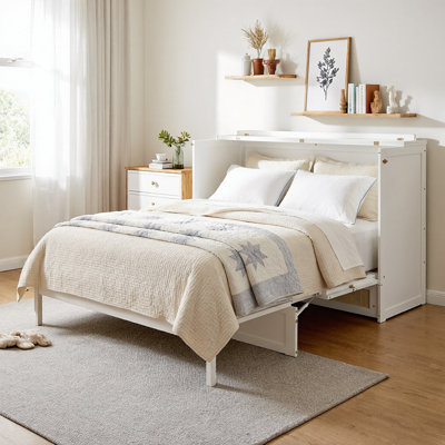 Queen Murphy Bed with Large Storage Drawers, Foldable Wall Bed Frame with Rattan Design, Space-Saving Bedroom Furniture for Guest Room, Apartment, Studio, 400 lb Capacity
