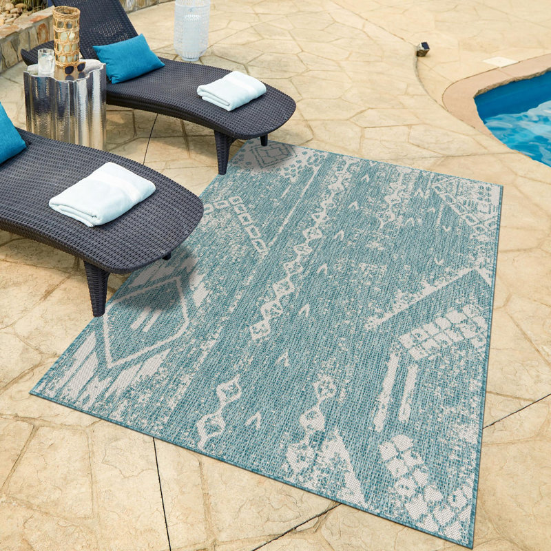 Tapis d'extérieur équivine de couleur turquoise-ivoire clair, Rectangle 6 pi x 9 pi