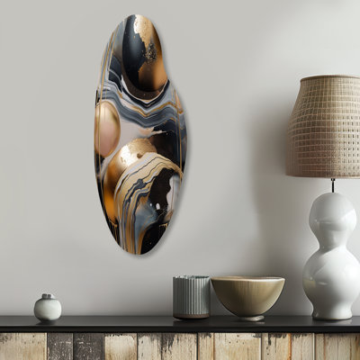 Gold And Black Marbled Euphoria V - Abstract Marble Curved Shape Metal Wall Sculpture