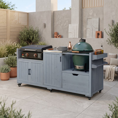 Fir Wood Outdoor Kitchen Cart with Stainless Steel Top, Adjustable Shelves, Ample Storage, Spice Rack and Lockable Wheels
