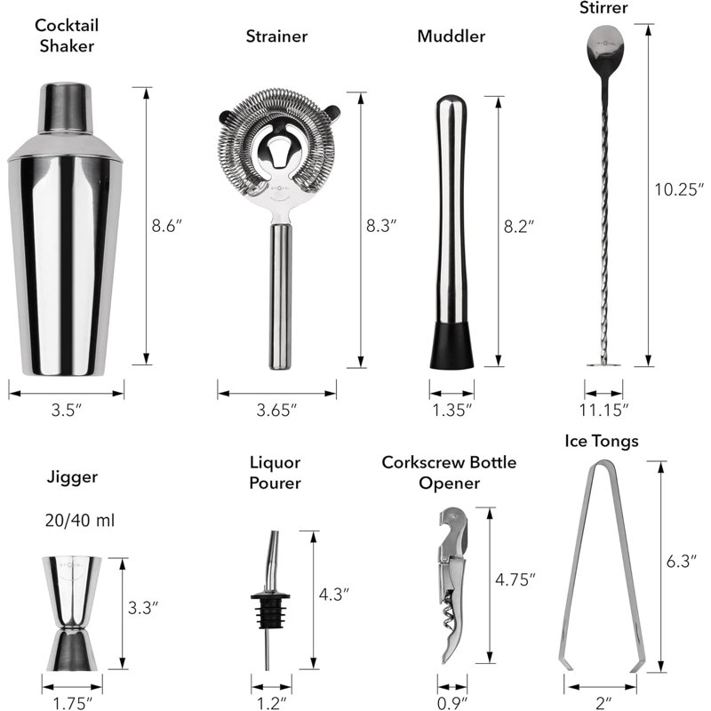10Pcs Bartender Kit Bar Set, 24OZ Silver Cocktail Shaker Set with Stainless Steel Bartending Accessories