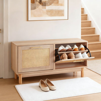 Rattan Shoe Storage Bench With Flip Drawers, Entryway Bench With 4 Compartments And 2 Doors, Sturdy 300 Lb Capacity Hallway Organizer For Living Room And Bedroom