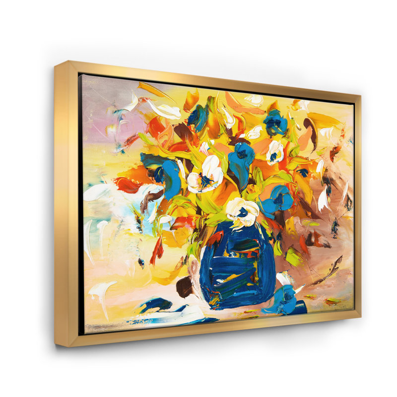 A Vibrant Flower Bouquet in Yellow and Blue - Peinture sur toile avec cadre flottant, H 30 po x l 40 po x 1,5 po