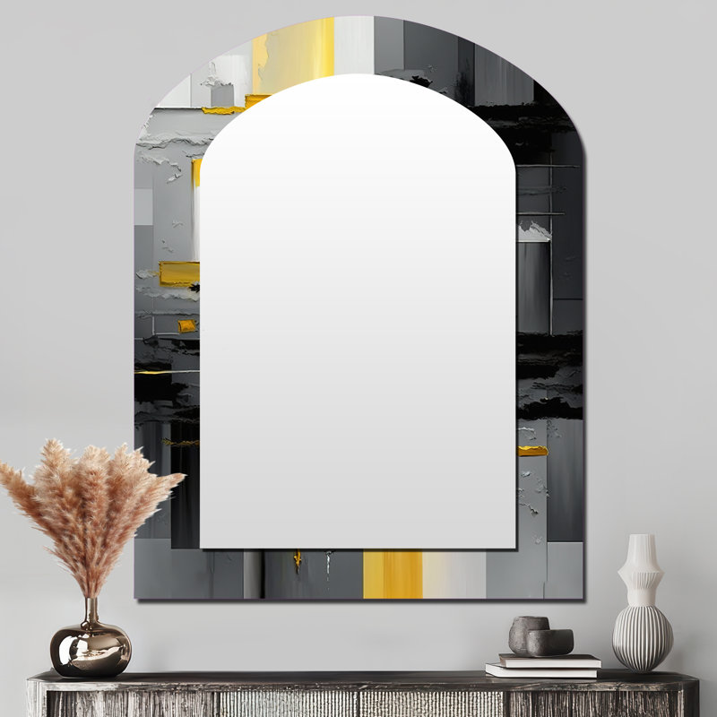 Abstrait géométrique noir et jaune V - miroir mural asymétrique géométrique, miroir décoratif arqué noir, impression d'art en métal