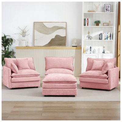 102" Pink Chenille Modular Sectional Sofa with Movable Ottoman, L-Shaped Cloud Couch for Living Room