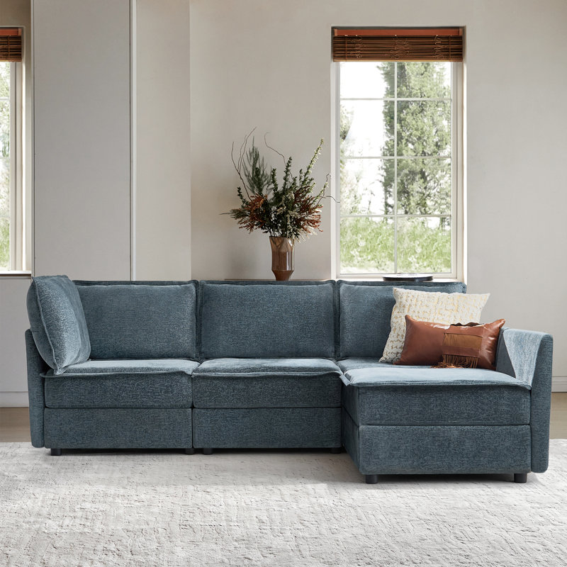 Talani Modern 4 Seater Slipcovered Corner Sofa with Hidden Storage, Blue