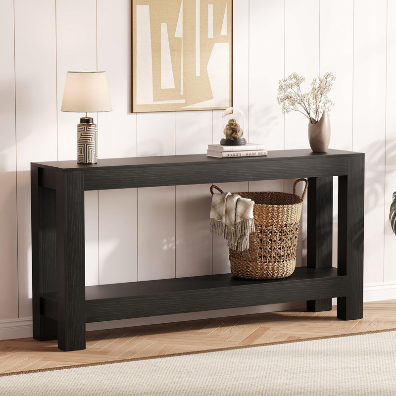 63" Farmhouse Console Table, 2-Tier Narrow Entryway Sofa Table with Shelf for Living Room & Hallway, Black