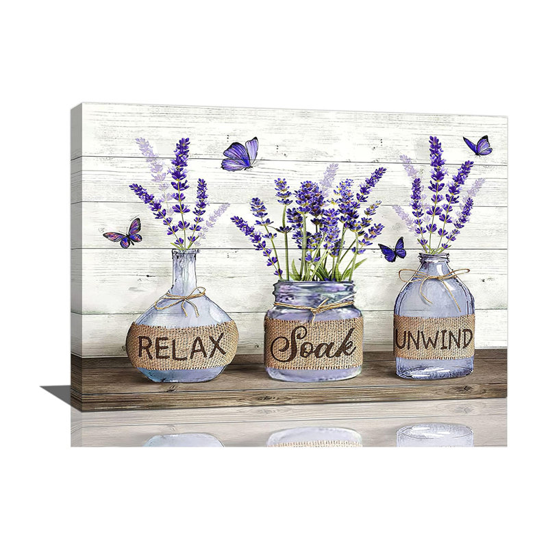 Farmhouse Bathroom Decor Wall Art Rustic Lavender Flower Pictures Canvas Prints Country Relax Soak Unwind Bathroom Sign Purple Butterfly Artwork Modern Home Decor Ready To Hang 16"X24"