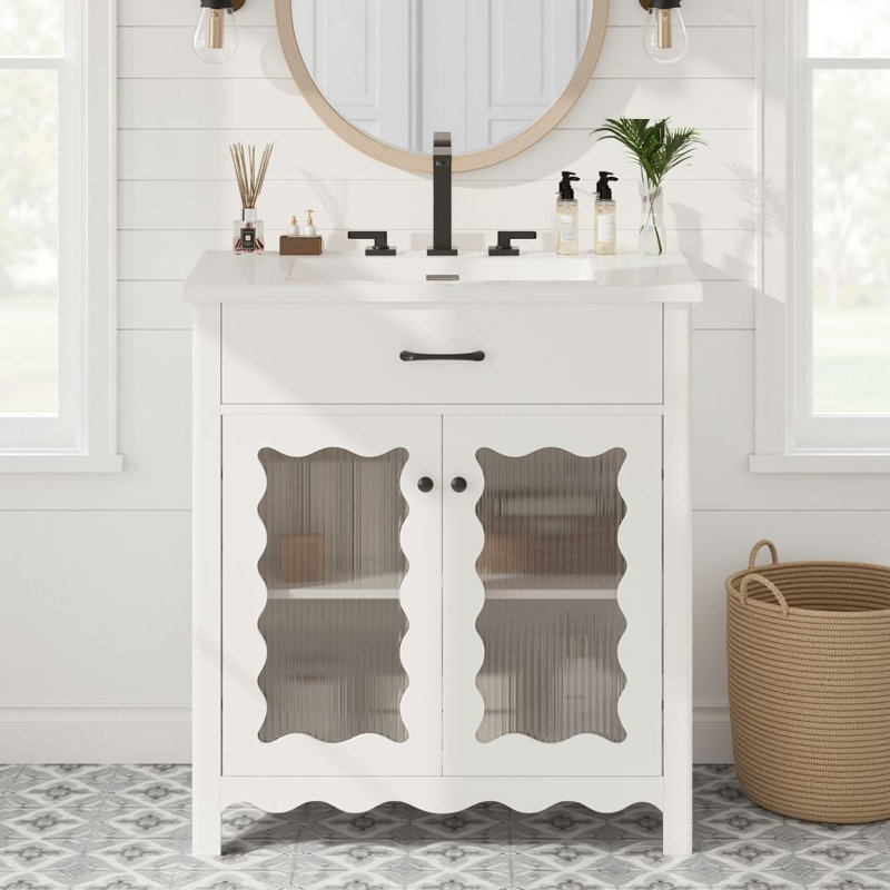 Ensemble de meuble-lavabo autoportant 31 po avec lavabo en céramique 31 po, armoire de rangement avec portes en verre trempé et tablette réglable