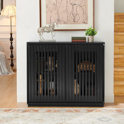 Fluted Hollowed Out Westover Cabinet with 2 Outlet Holes, Buffet Cabinet with Storage, Black