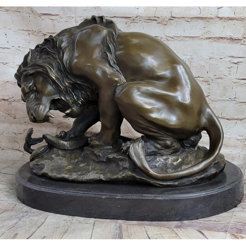 Antique Bronze Lion vs Snake Statue on Marble Base