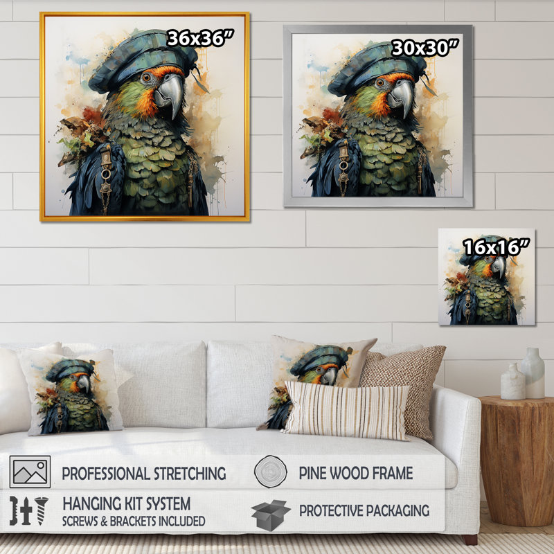 Pirates Parrot Feathered Buccaneer II - pirate, art mural, Cadre simple argenté, H 16 po x l 16 po x P 1 po