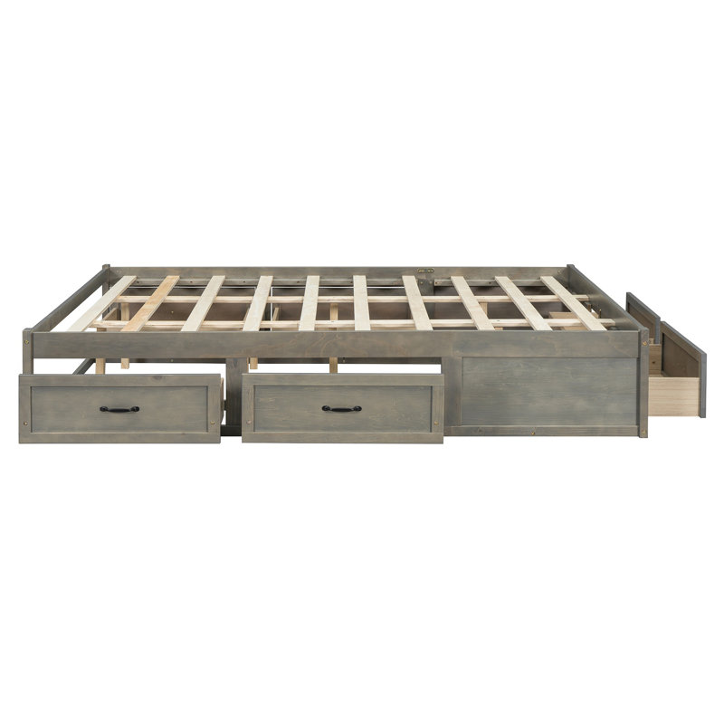 Grand lit plateforme avec 6 tiroirs, structure de rangement compacte gris antique, Gris antique, Grand lit
