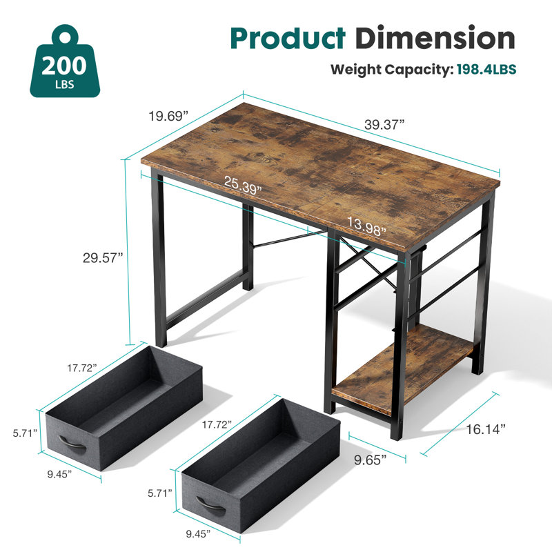 Bureau d'écriture avec 2 tiroirs Norrington, H 29,3 po x l 40 po x P 23,6 po, Brun rustique