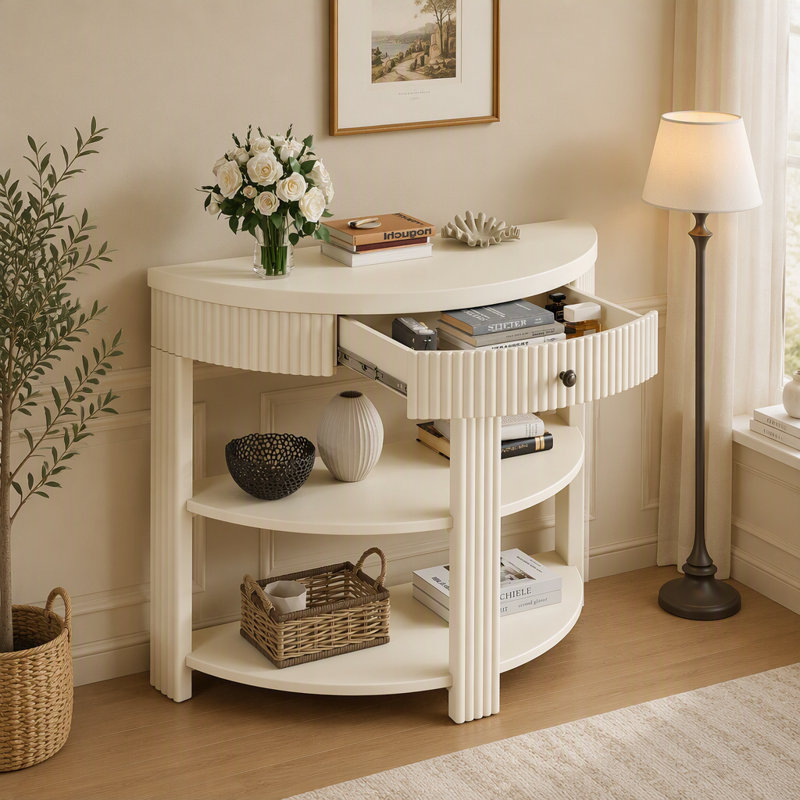 Console avec tiroir et tablettes, Cream, Cream, Cream