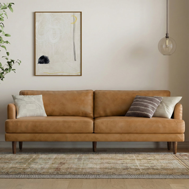 Livingston Top Grain Genuine Leather Mid-Century Modern Sofa With Solid Wood Frame For Living Room, 90" W, Sienna 
