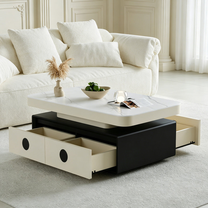 Table basse à 4 tiroirs Modern Minimalisme, H 17,71 po x L 51,18 po x l 27,55 po, Noir / blanc