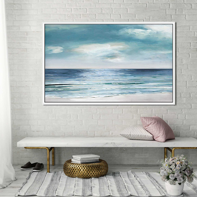 «Blue Silver» par Sally Swatland - Peinture, Cadre flottant blanc, H 21,5 po x l 33,5 po x P 2 po