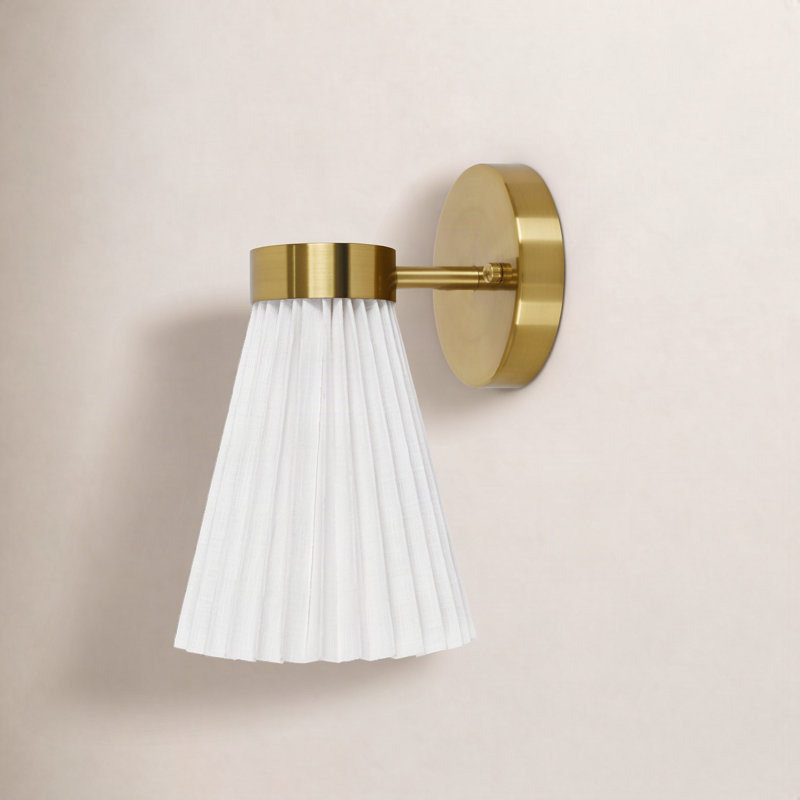 Amore 1-Light Wall Sconce Aged Brass with Pleated White Linen Shade Modern Wall Light, Brass, White