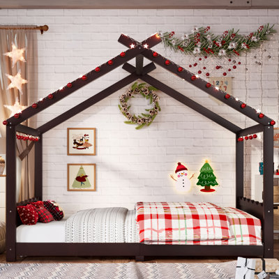 Full Kids House Floor Bed, Solid Wood Frame with Slats, Montessori Low-Profile Design, No Box Spring Needed, Espresso